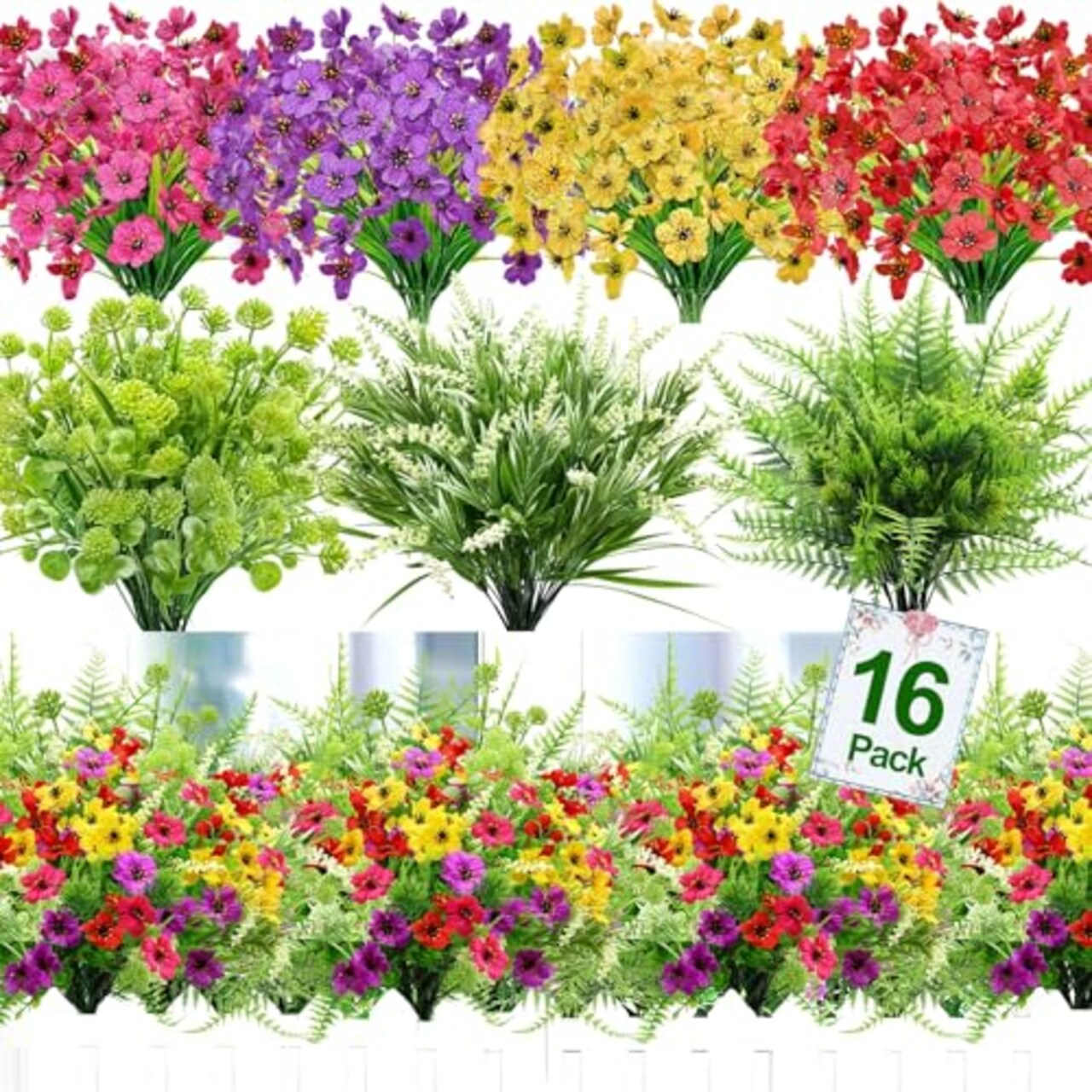 Flowers for Outdoors, UV Resistant No Fade 16 Bundles 7 Styles Fake Flowers Outdoor Faux Plant Colorful Daisy Boston Fern Lavender Cemetery Flowers for Outside Porch Patio Indoor Home Decor